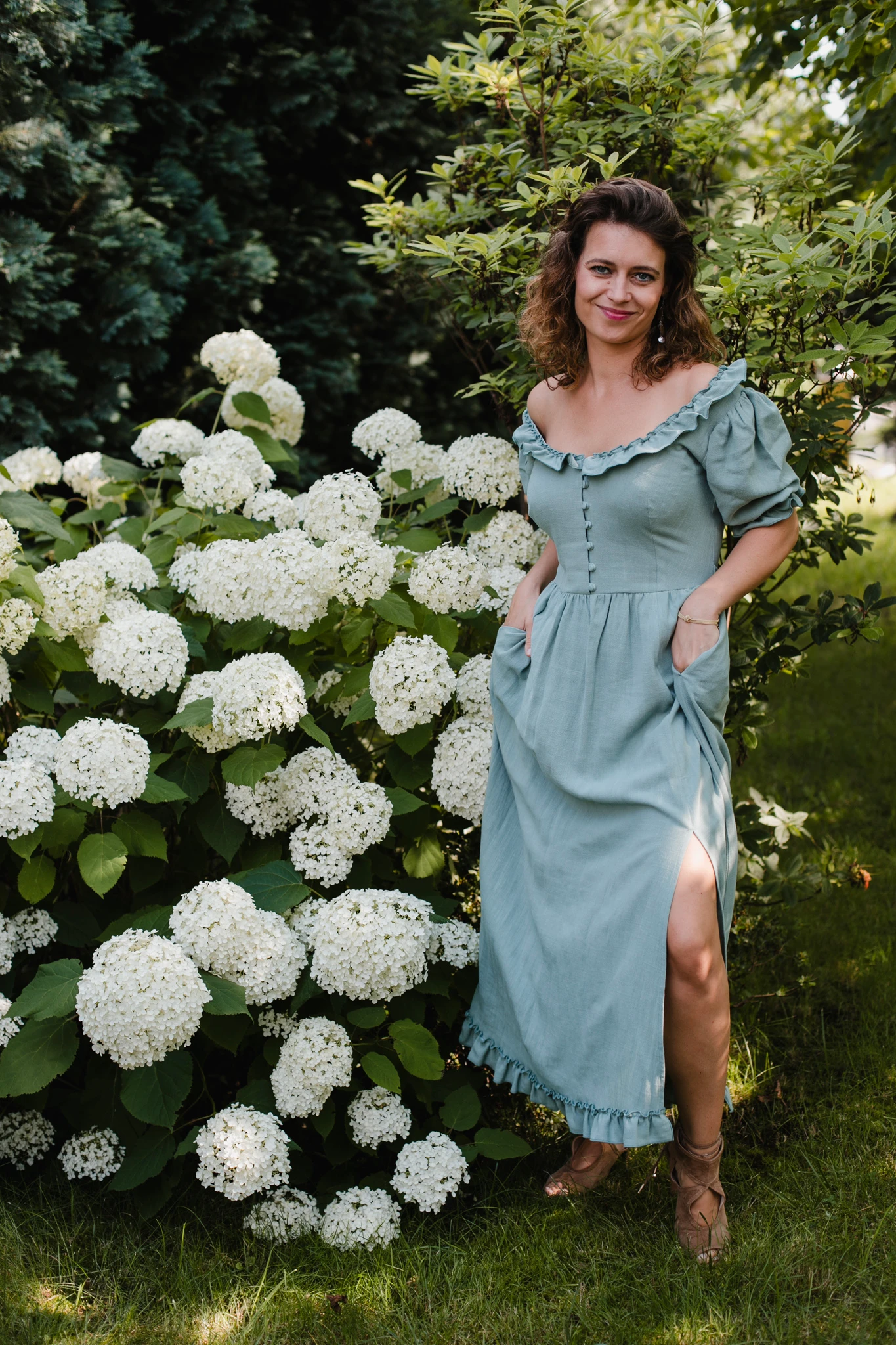 Sukienka Rusałka wiskoza len seledynowa szałwia cottage girl - obrazek 5