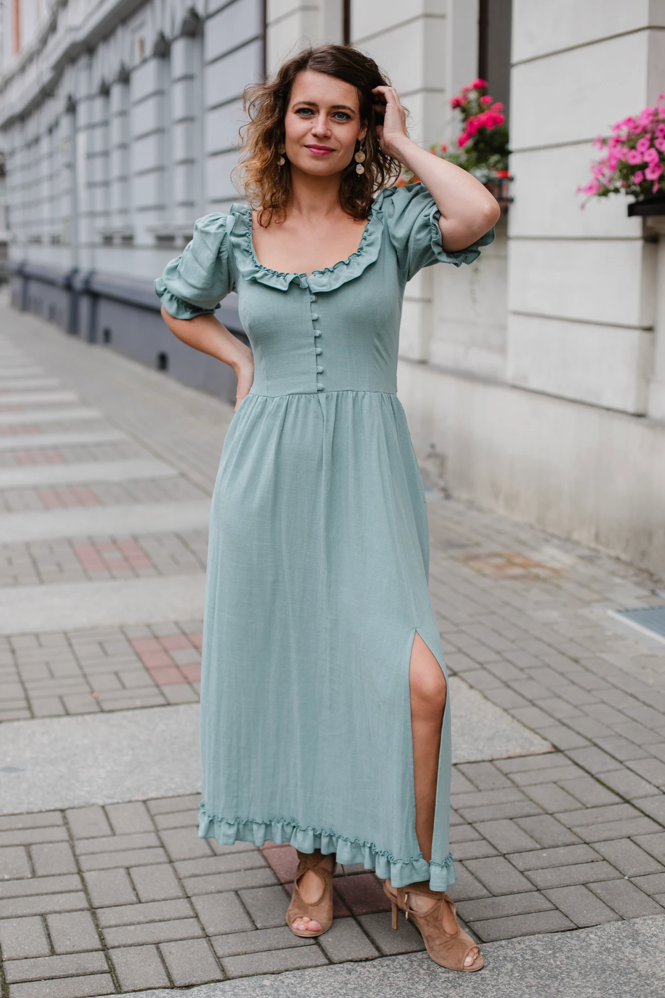 Sukienka Rusałka wiskoza len seledynowa szałwia cottage girl - obrazek 6