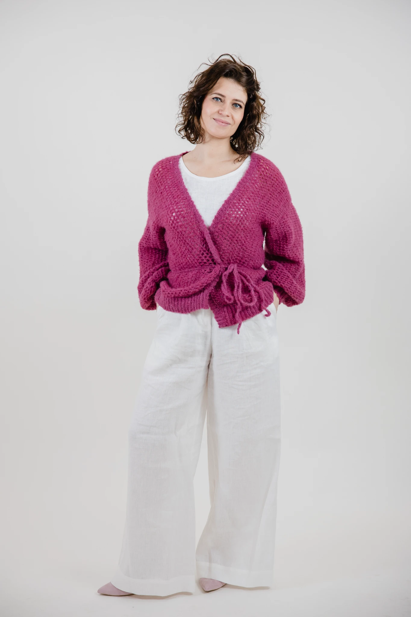 Sweterek chmurka alpaka i jedwab kardigan jagodowy wrzosowy